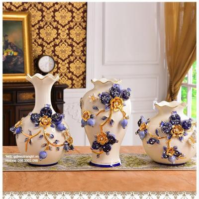 Bộ 3 Bình Lựu Tím Đắp Nổi Viền Vàng - phong cách Châu Âu
